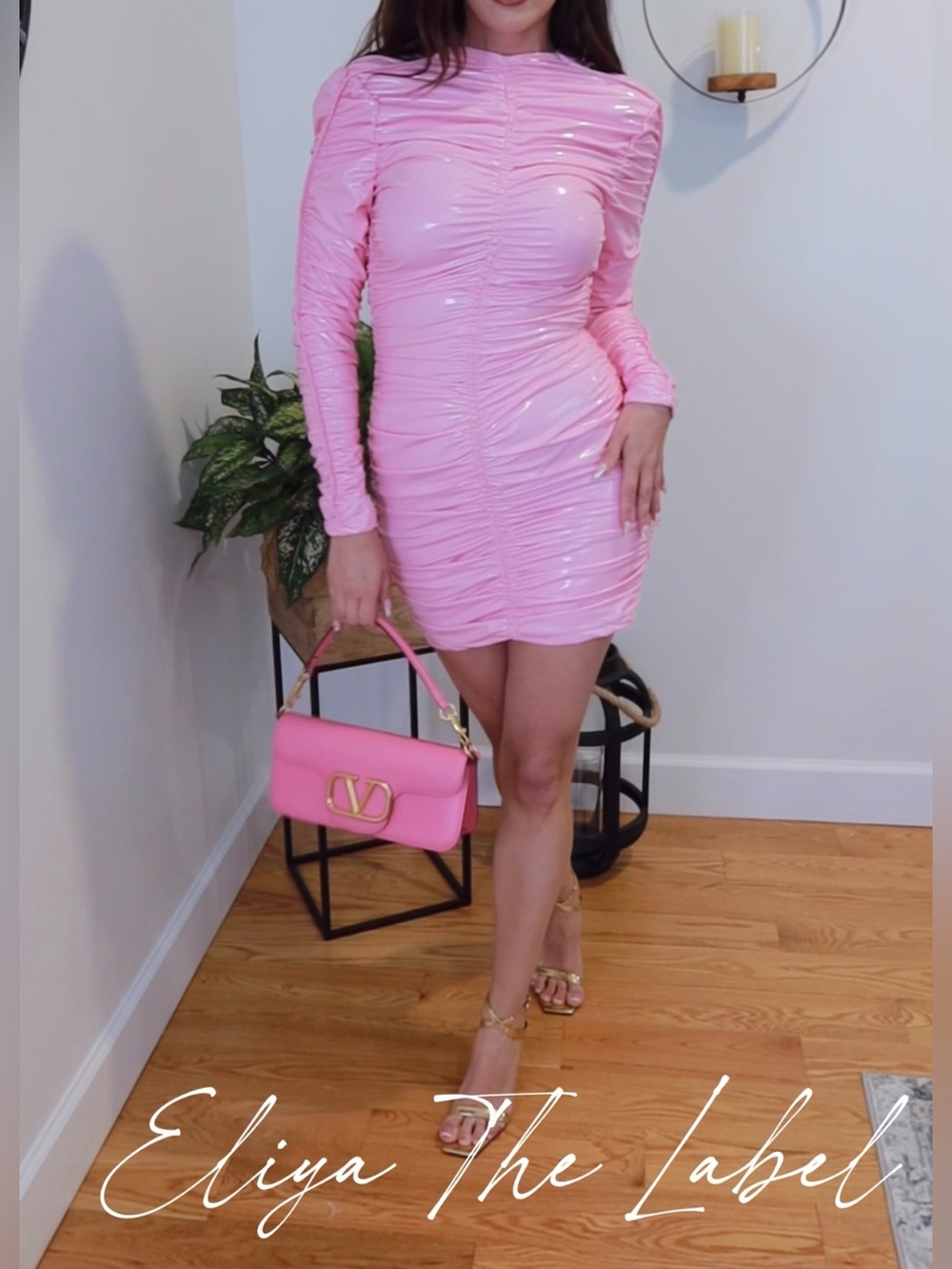 NWT Eliya The Label Azalea Candy Pink Ruched Bodycon Mini Dress Faux Leather